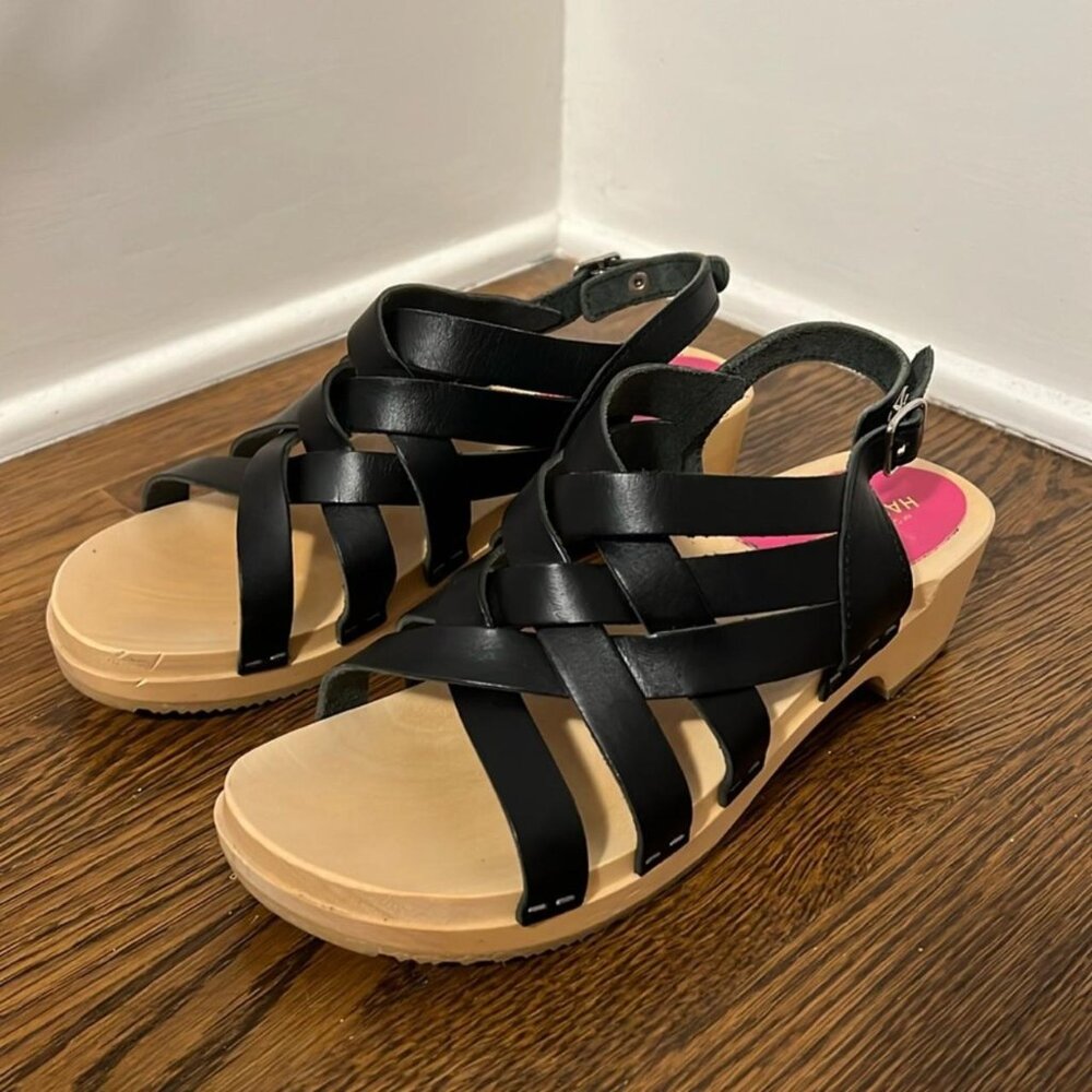 Swedish Hasbeens Black Leather and Wood Strappy Sandals